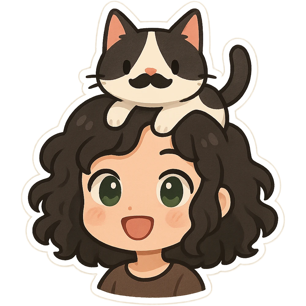 a white girl with black curly medium-length hair and green eyes, with a white-black cat on her head, the cat has a black mustache-shaped spot under its nose, modern illustration, cheerful mood emoji