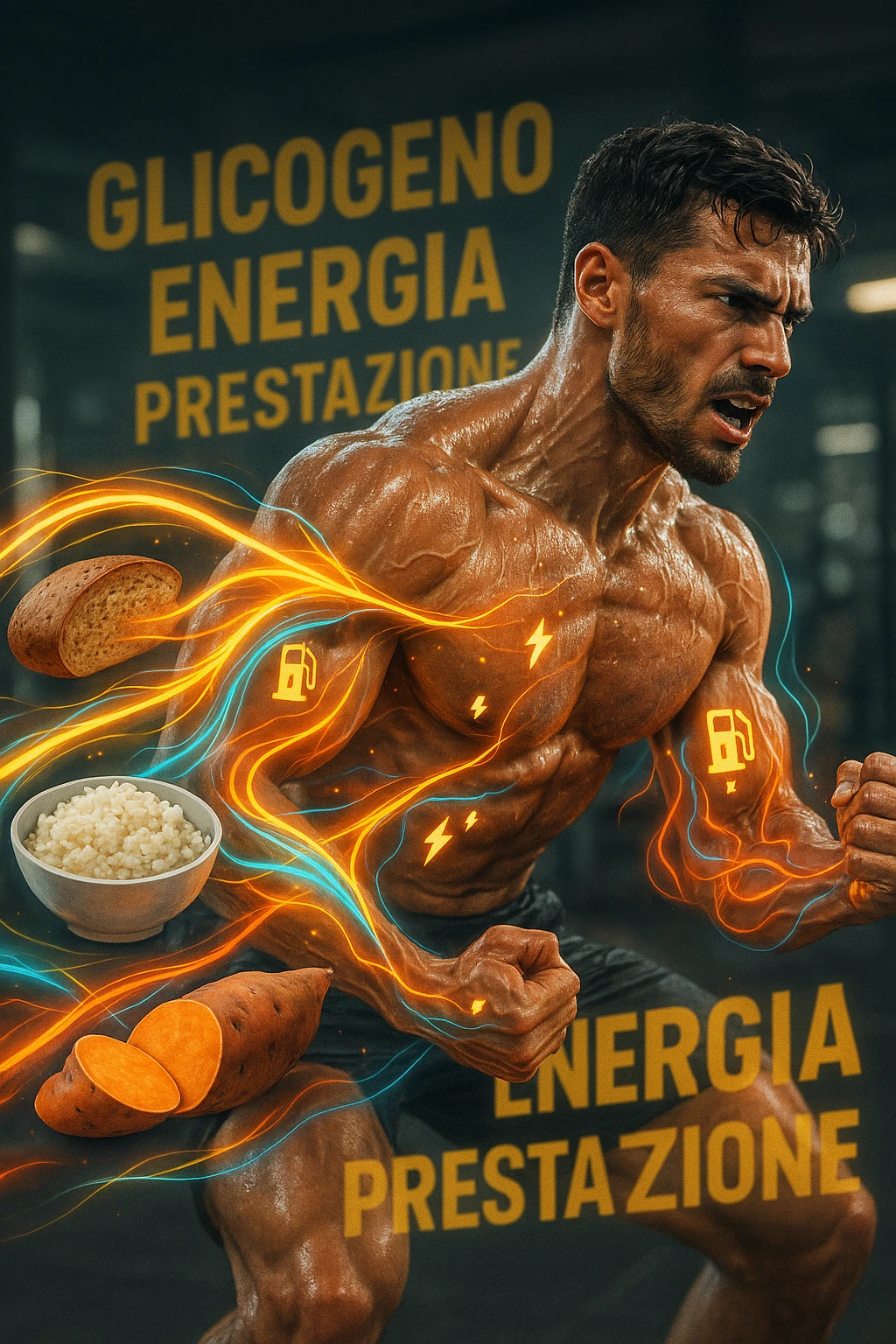Uomo atletico di circa 30 anni durante un allenamento intenso in palestra, con muscoli ben definiti e sudati. Intorno a lui si visualizzano flussi energetici colorati che partono da fonti di carboidrati (pane integrale, riso, patate dolci) e si dirigono verso i suoi muscoli. I muscoli appaiono attivi, tesi e in pieno sforzo, con piccoli simboli di 'carburante' o energia che entrano nei tessuti. Espressione concentrata e potente. Sullo sfondo, parole come 'glicogeno', 'energia', 'prestazione'. Atmosfera dinamica, intensa e positiva. in italiano emoji