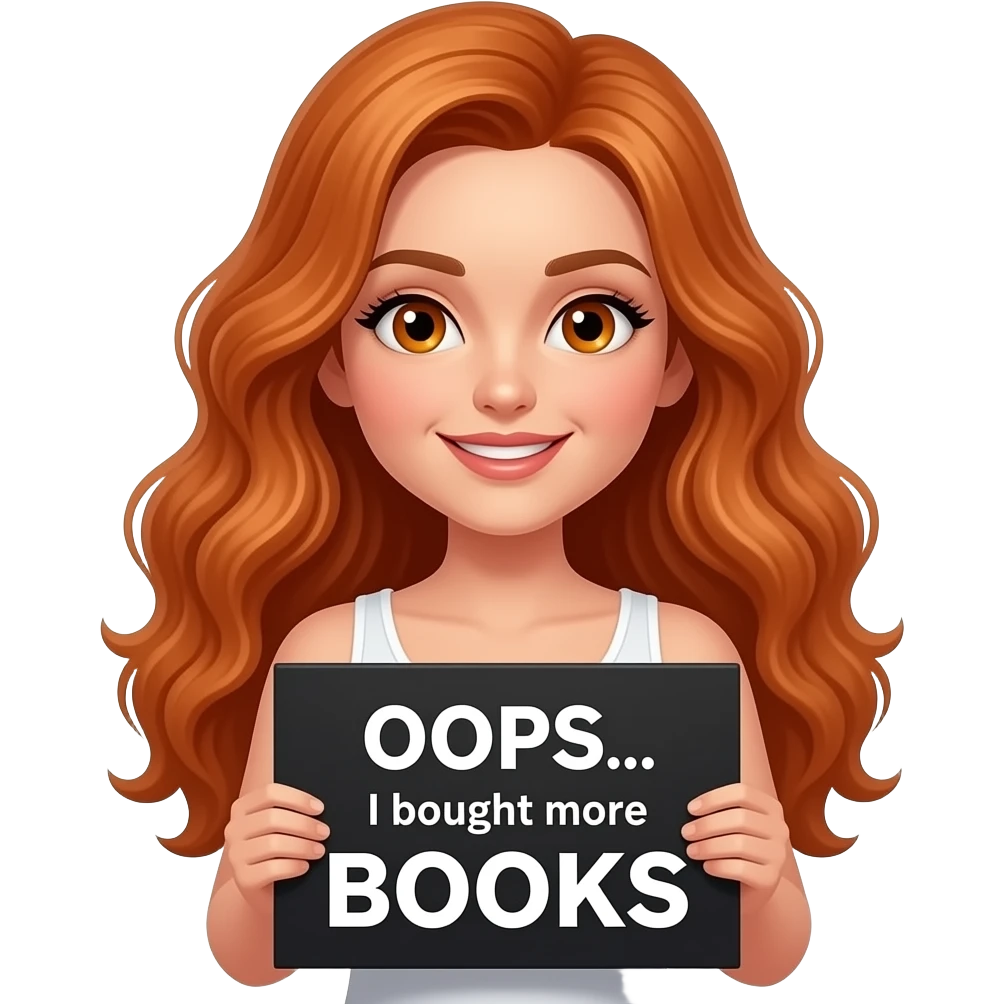 sexy girl with long wavy ginger hair and ginger eyes wearing a white tanktop is holding a black colored sign with OOPS... I bought more BOOKS written on it emoji
