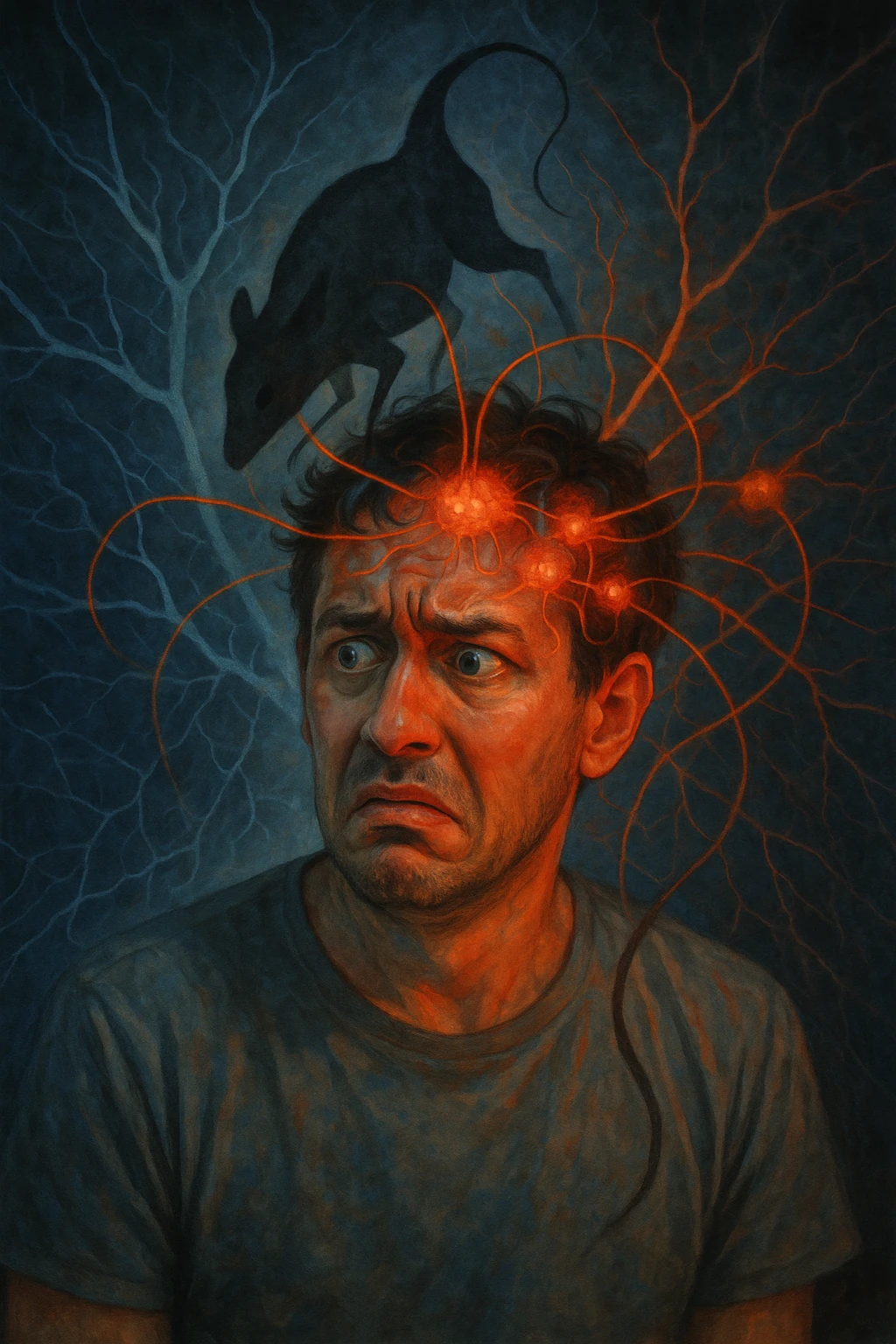 Uomo con espressione confusa e sbalzi emotivi visibili sul volto, in un ambiente surreale. Un'ombra astratta o un parassita trasparente (Toxoplasma gondii) si insinua nel cervello, con linee energetiche che influenzano le emozioni. Sfondo neurologico, atmosfera tesa, simbolismo mentale e parassitario. emoji