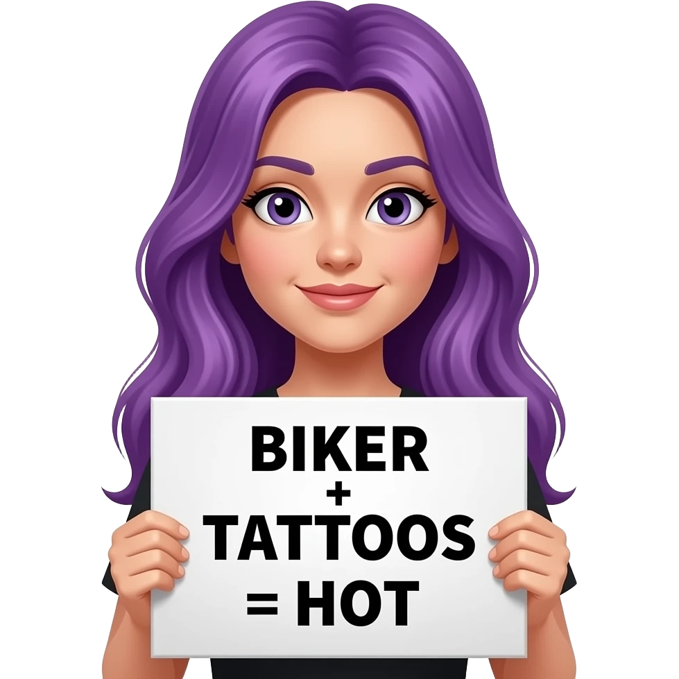 girl with long purple hair holding a BIKER + TATTOOS = HOT sign emoji