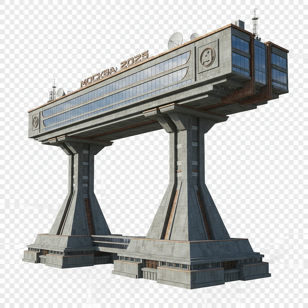 Удлиненная панелька-небоскреб в стиле Москва-Сити, если бы ее строили в позднем СССР в 2025 году. Стоит на двух высоких небоскребах, которые как опоры держат ее на себе.

Фотореализм. Абсолютно прозрачный фон emoji