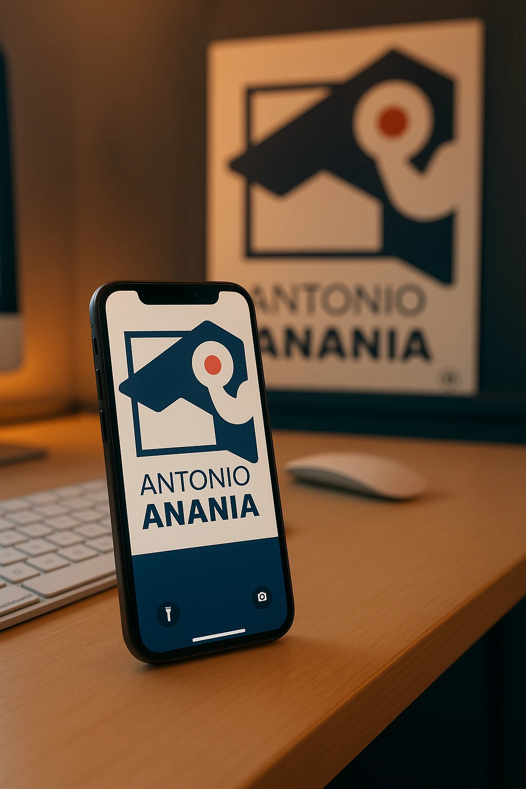 A photo of an iPhone on the desk with the logo of "Antonio Anania" on its screen, The phone sits atop a desk with a blurred with the logo in the background that suggests work environment. A faint glow from above casts gentle shadows across the surface of each object, creating depth and highlighting their textures emoji