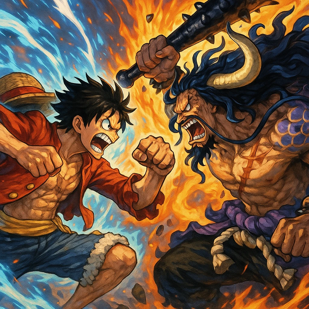Luffy and Kaido facing off in an epic battle, dynamic action, vibrant colors, anime style emoji