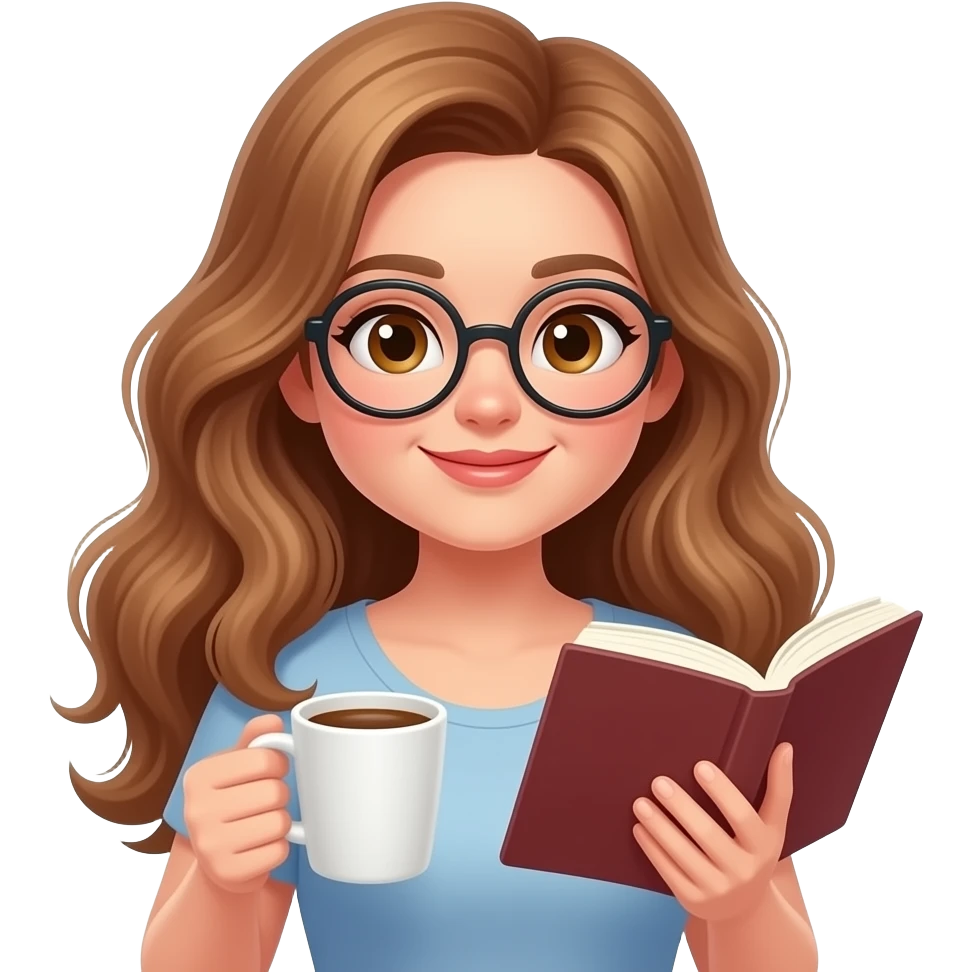 detailed emoji illustration of a curvy woman with long light brown wavy hair, light brown eyes and round glasses reading a book while holding a cup of coffee, cozy reading vibe, cute emoji style emoji