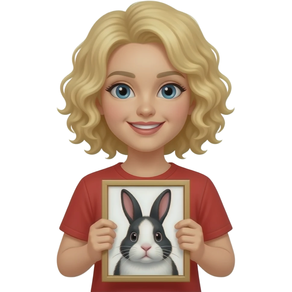 blonde tight curly bob Holding a black and white bunny in red short sleeve shirt emoji