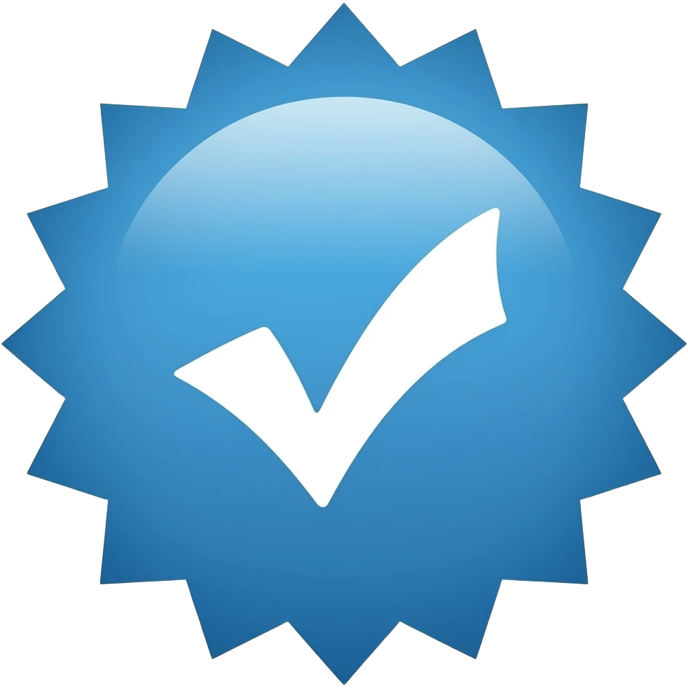 Prompt: A flat, solid blue starburst verification badge with crisp edges, uniform color, no gradient, centered white checkmark with sharp clean lines, minimalistic official social media icon style, vector design, high clarity, no shadows, no lighting effects emoji