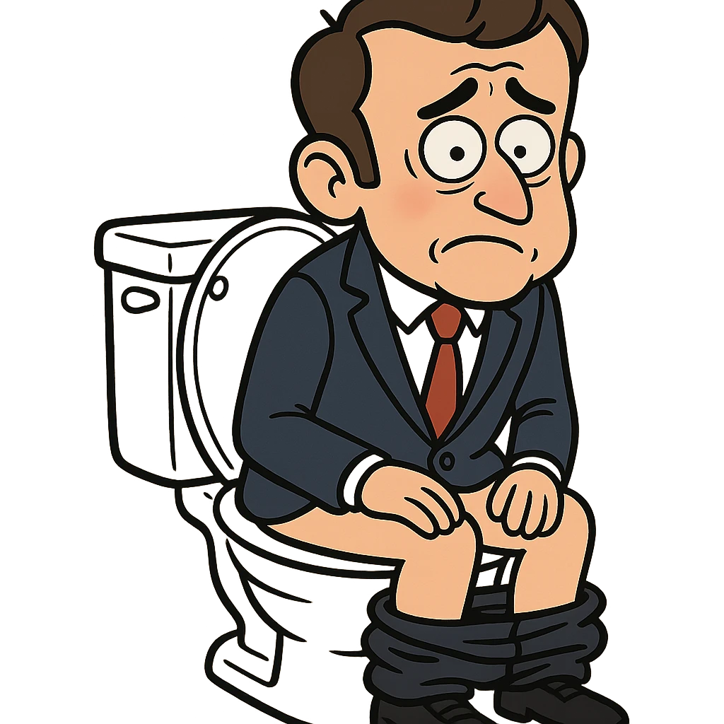 caricature of a French president with a suit and tie, sitting on a toilet, looking embarrassed, playful comic style, no explicit content emoji