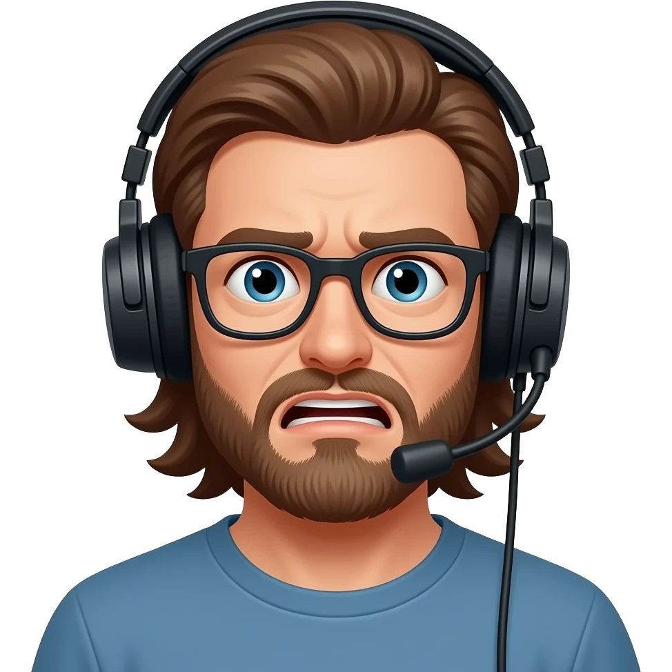 homme, casque jeux, peur, cheveux long, brun, barbu, lunette emoji