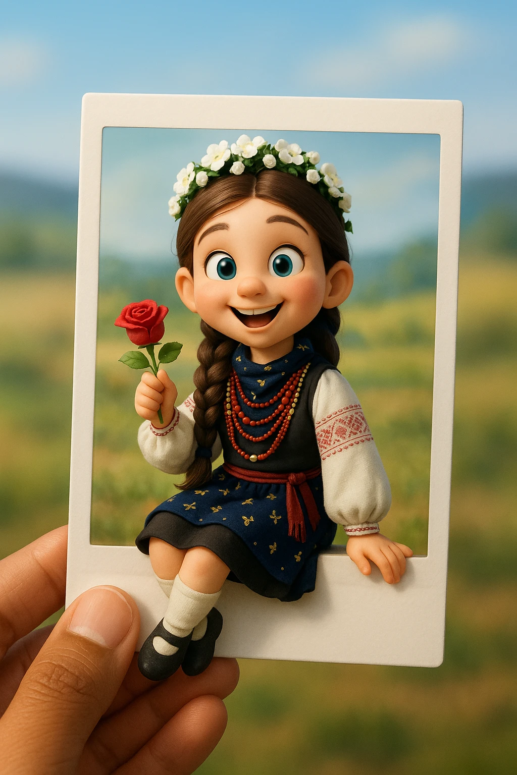 Based on the provided image, create a cute, stylised 3D character sitting playfully on the edge of a white Polaroid-style frame with one leg hanging off the edge. The character is holding a red rose and is wearing the same clothes as in the reference image.
The background is a soft, blurred landscape with a Ukrainian scenery.
The frame is held by a human hand with warm (light brown) skin tone.
The character has a happy, expressive face and Pixar-style lighting. The composition is centred, with realistic soft shadows and bright natural lighting.
Aspect ratio: 2:3. emoji