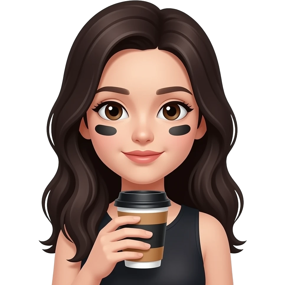 chica de piel blanca, morena de pelo, con el pelo suelto pero que se le vea bien la cara  y que tenga unos parches de contorno de ojos que se colocan bajo los ojos, sobre las ojeras negros puestos en la cara y que esté sujetando una taza de cafe emoji
