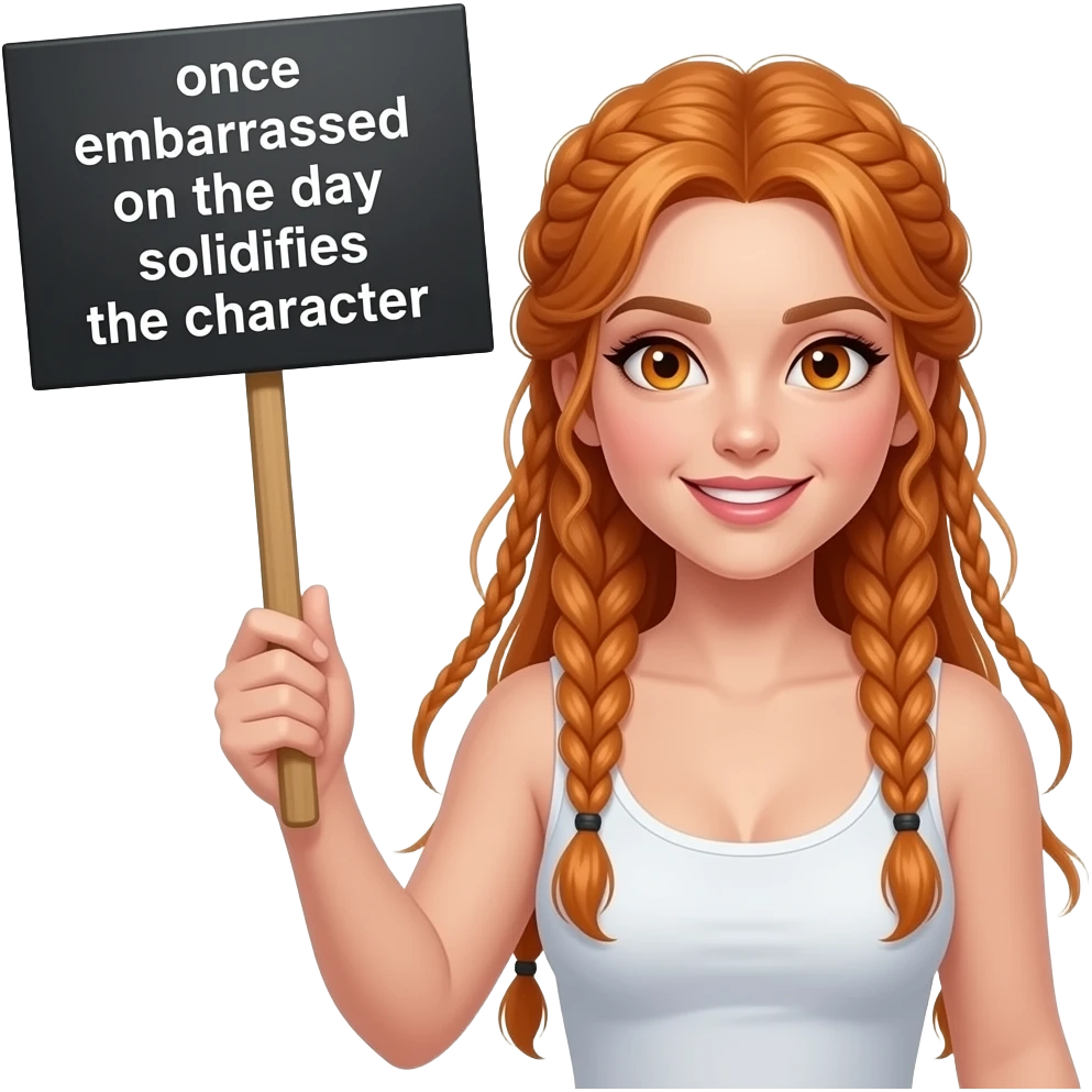 sexy girl with long ginger braids and ginger eyes wearing a white tanktop holds a black sign with EINMAL BLAMIEREN AM TAG FESTIGT DEN CHARAKTER written on it emoji