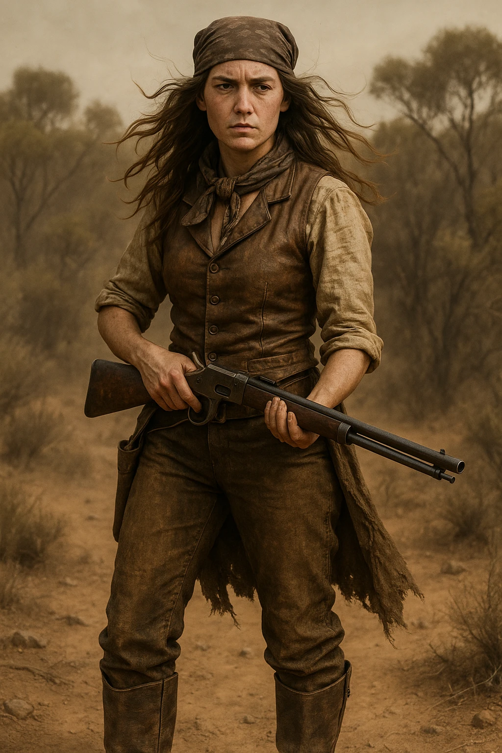 Australian bushranger woman from 1850, leather vest, bandana, riding boots, holding rifle, windswept hair, outlaw vibe emoji
