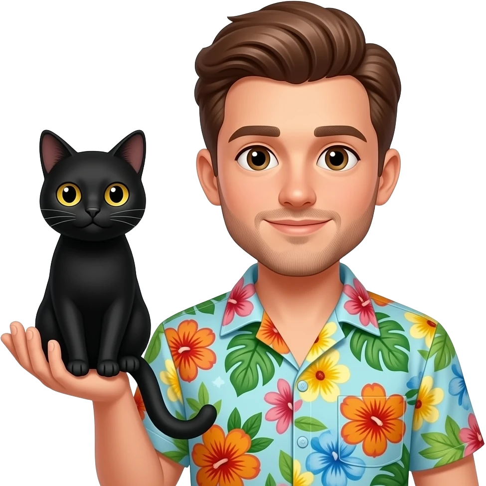 Cute pale skinned guy wearing Hawaiian shirt with brown hair and brown eyes and light facial hair with hair parted to the right side holding up Black cat emoji
