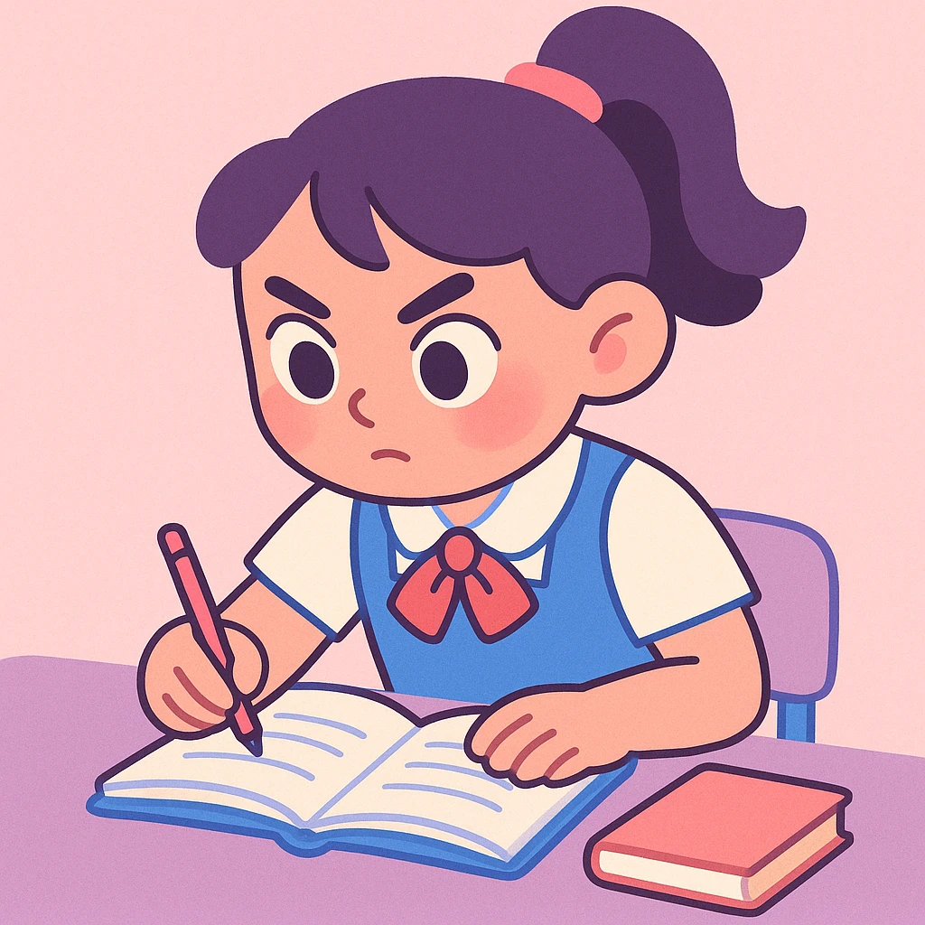 school girl in uniform studying, focused expression, soft pastel colors, gentle lighting emoji