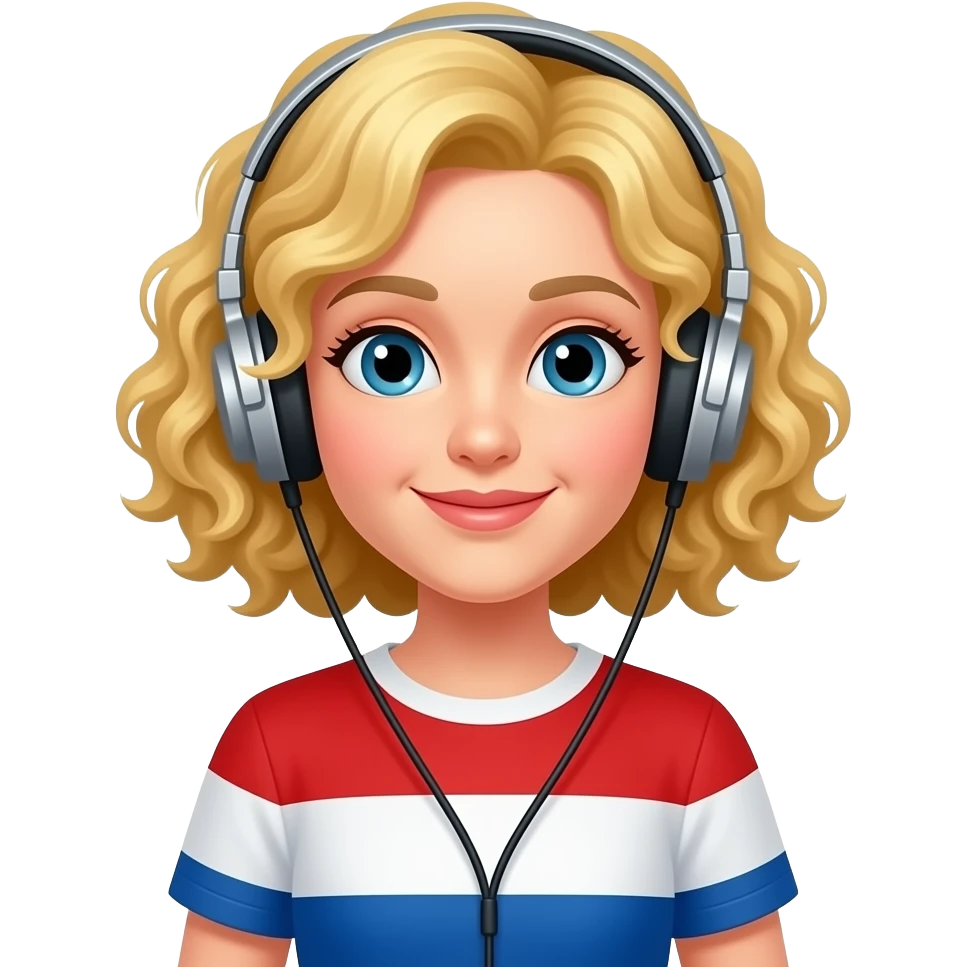 blonde curly bob listening to music in a red, white and blue shirt emoji
