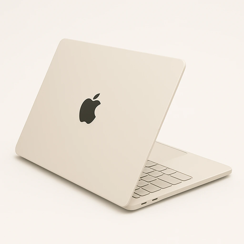 Remove all spots from the image. Show a light beige MacBook viewed from half side angle, clearly displaying both the keyboard and the Apple logo on the back cover. The style should reflect modern minimalism and be in the style of iOS, without any emojis. emoji