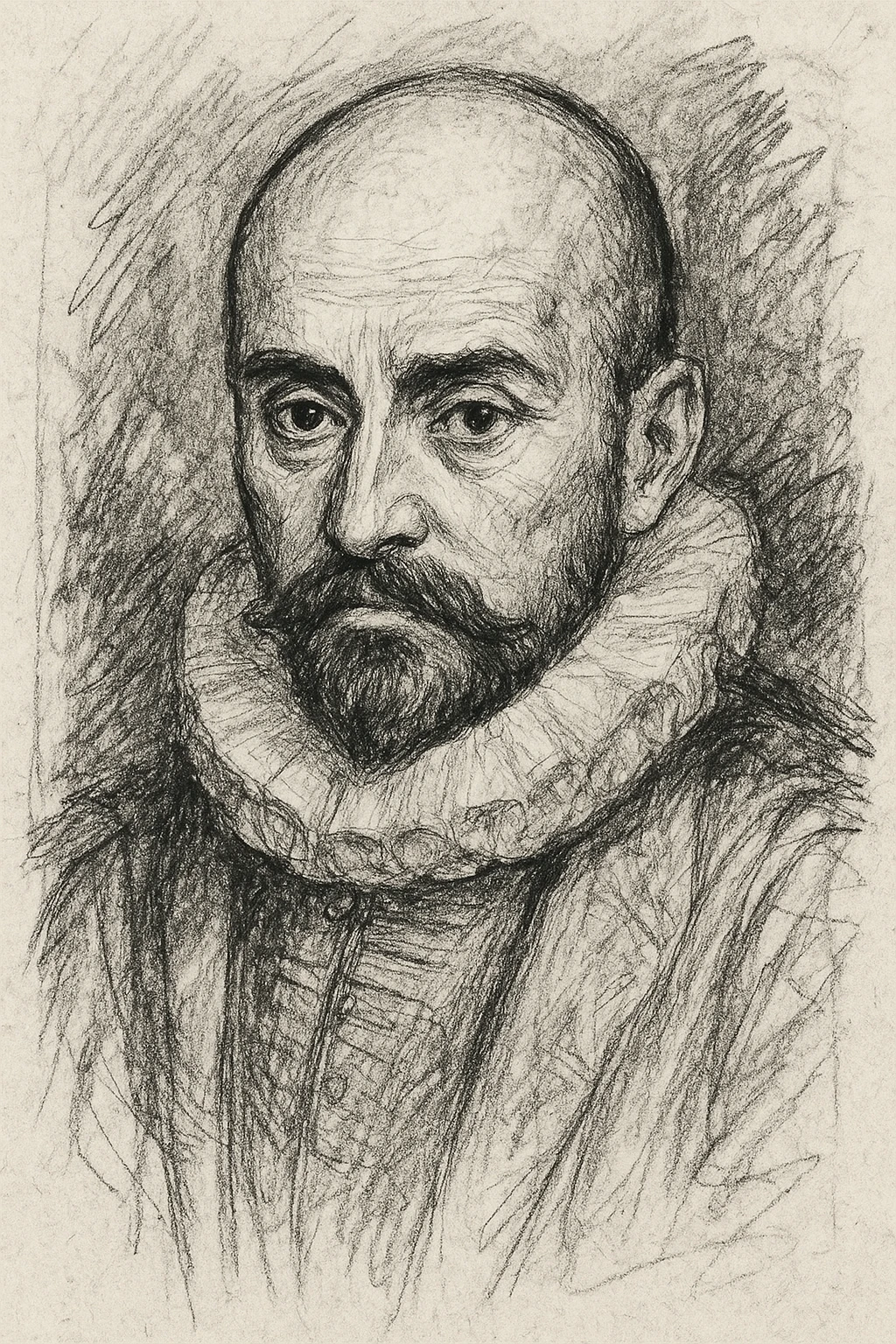 a hand drawn black outline portrait of philosopher Montaigne with similar-sized eyes based a famous portrait of him emoji