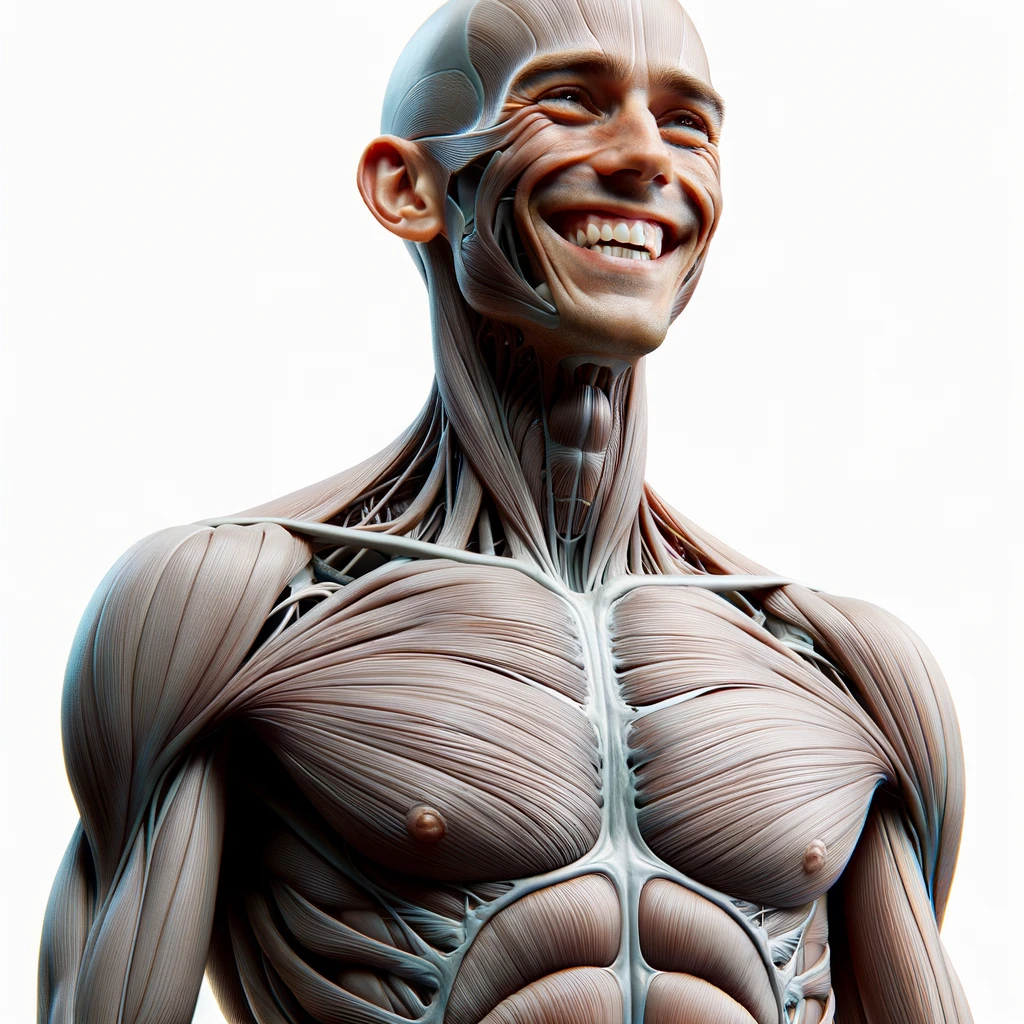 corpo umano anatomico a figura intera che sorride rilassato, iperrealistico 4k, isolato su sfondo bianco emoji