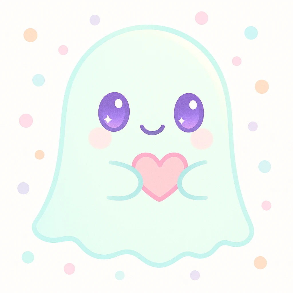 a cute ghost holding a tiny heart, friendly expression, soft glow emoji