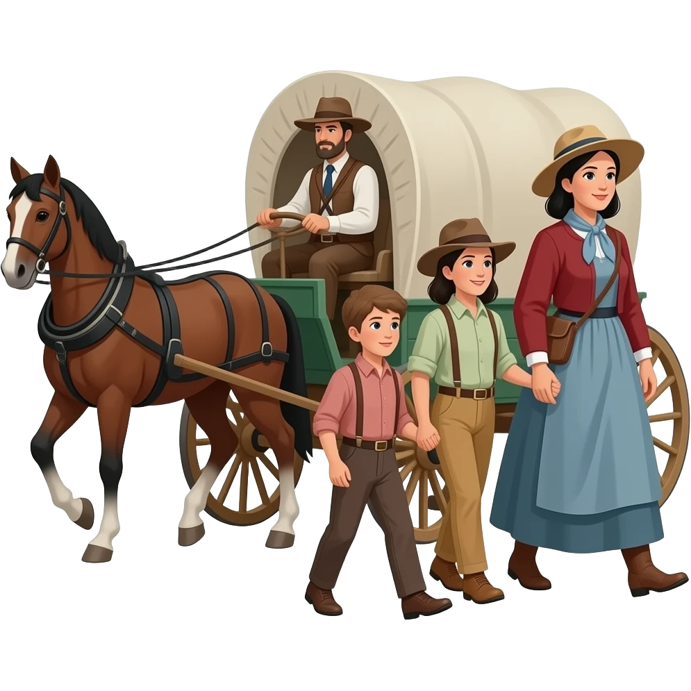 pioneer family on the oregon trail with husband driving the wagon and wife and children walking facing sideways emoji