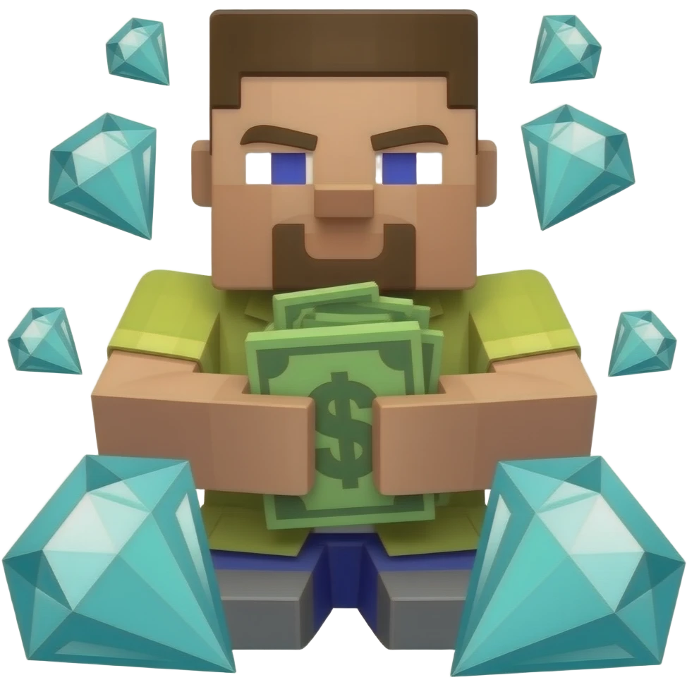rich minecraft skin with diaments have a money in his hands emoji