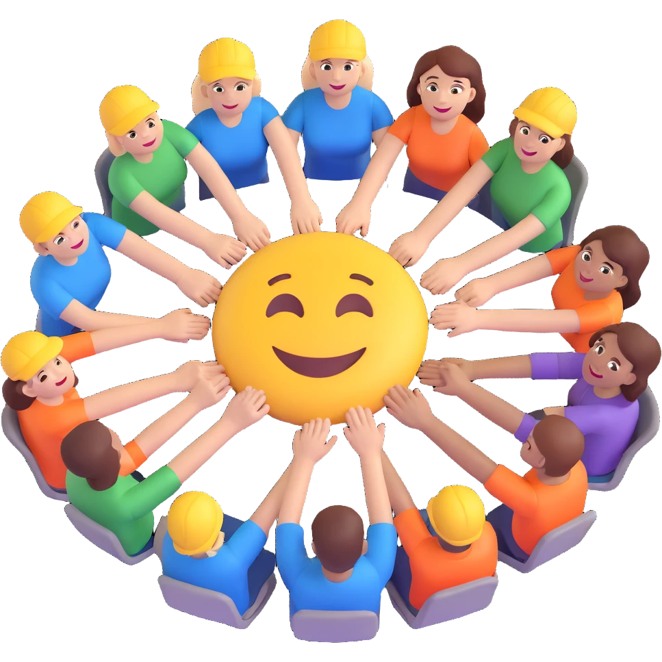Show a group of diverse, happy employees actively engaged in a teamwork activity, such as collaborating on a project or joining hands in a circle, in the same 3D emoji style as before. emoji