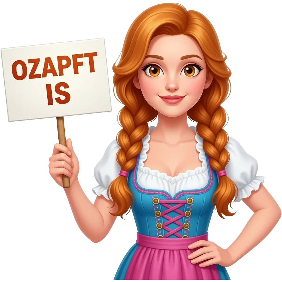 sexy girl with long wavy ginger braids and ginger eyes wearing a dirndl is holding a sign with OZAPFT IS written on it emoji