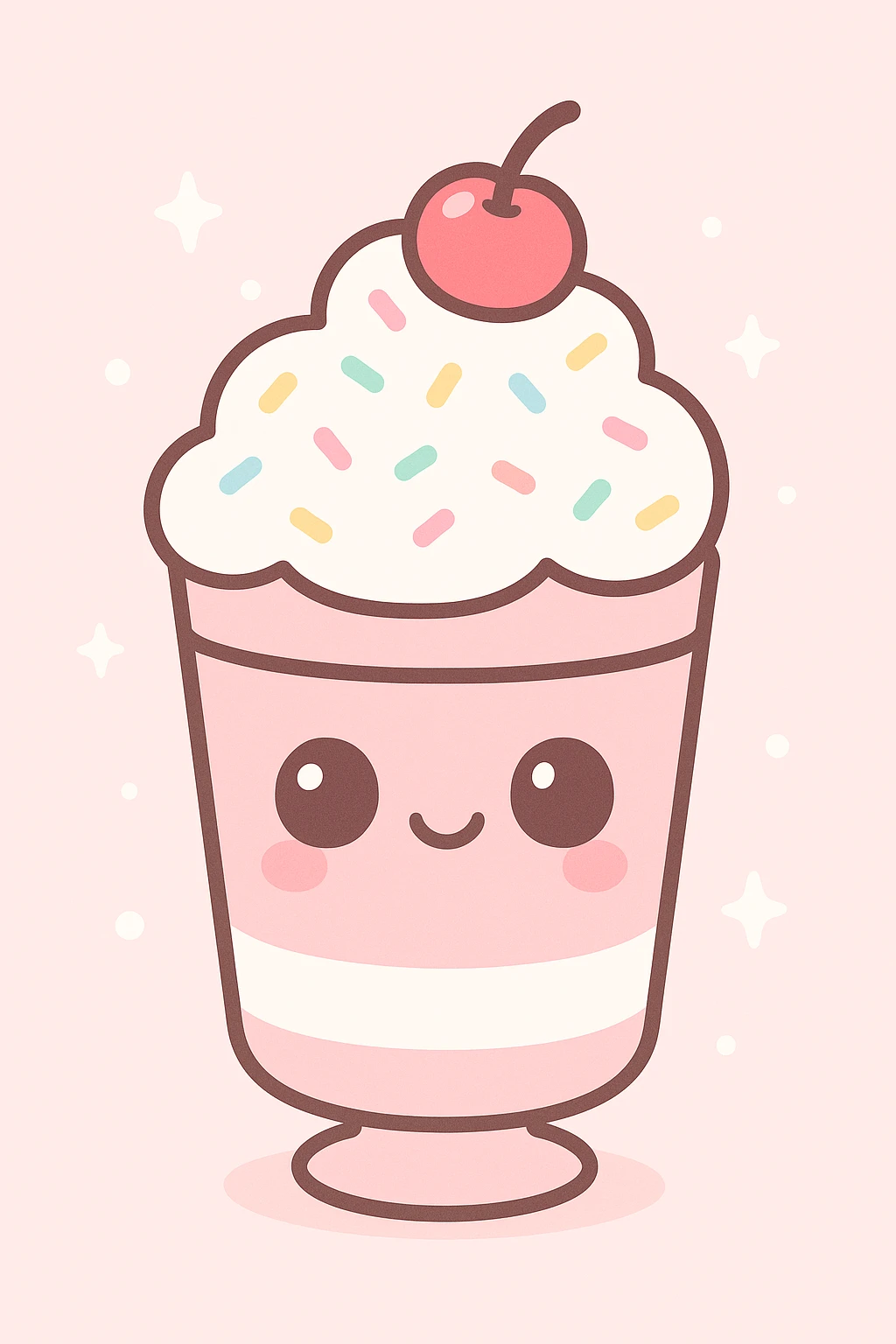 kawaii style milkshake with a happy face, whipped cream, sprinkles, cherry on top, pastel pink and white colors emoji