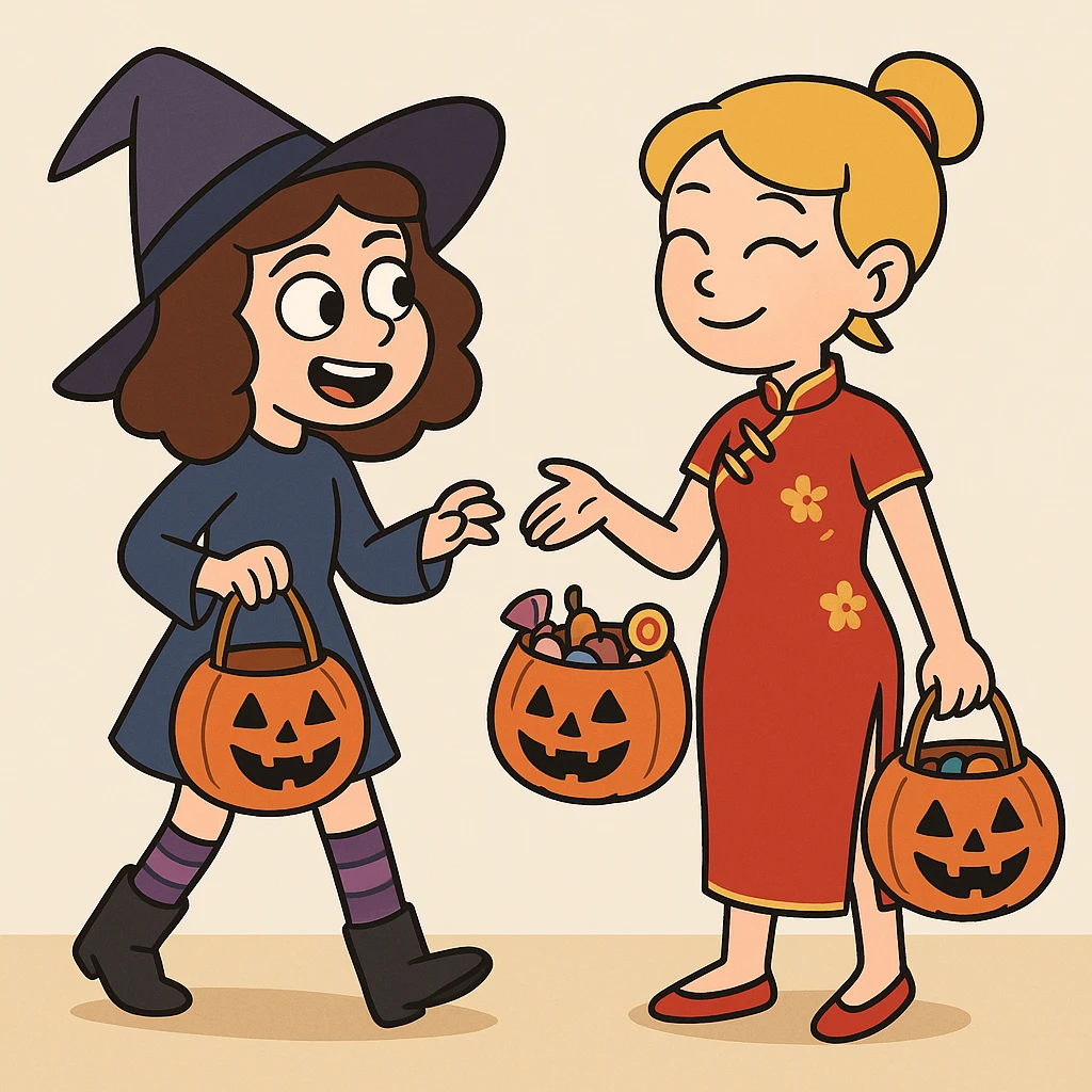 girl brown classic curls hair blue witch a witch costume purple stripes socks black boots girl yellow hair Chinese Girl Costume Red Oriental Dress red shoes some trick or treats  emoji