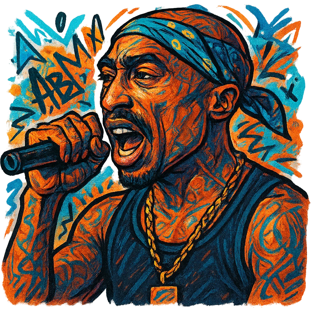 Tupac mid-rap, holding microphone, hip hop vibe, bandana, expressive face, graffiti-inspired emoji