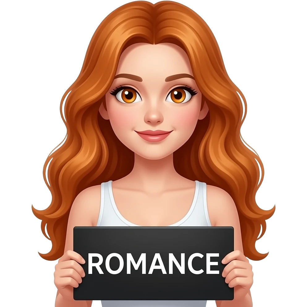 sexy girl with long wavy ginger hair and ginger eyes wearing a white tanktop is holding a black colored sign with ROMANCE written on it emoji