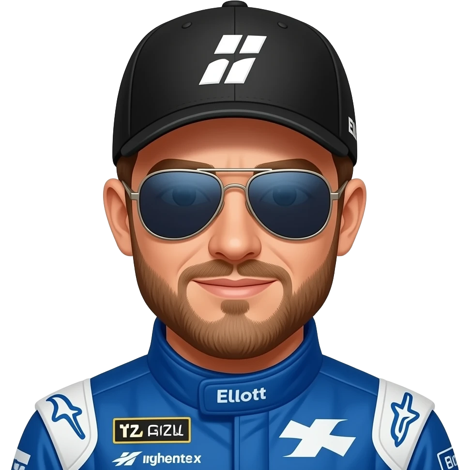 Chase elliott with facial hair wear aviator sunglasses and a blue racing suit and a black baseball cap emoji