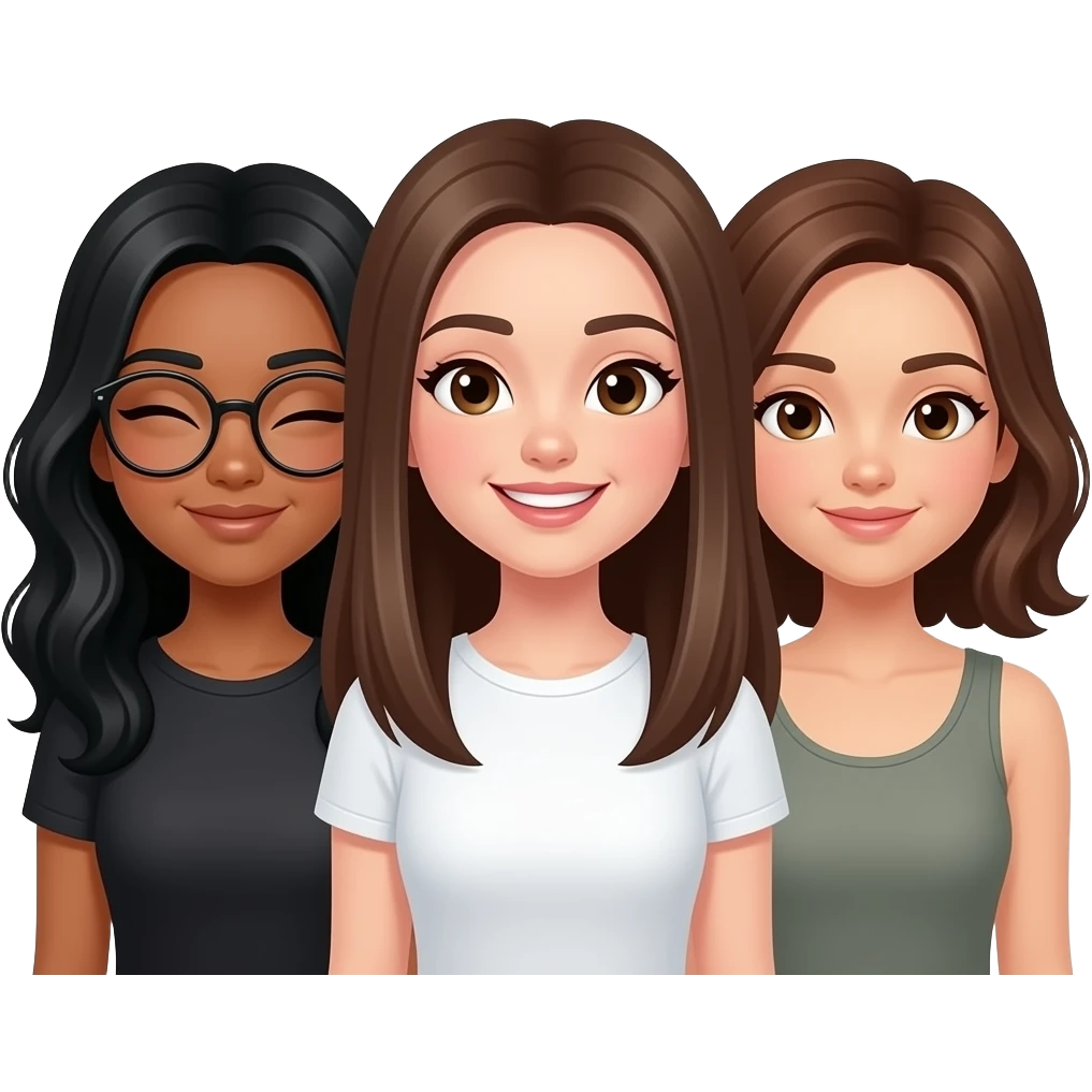 3 girls, first girl: black long wavy hair, tan, brown eyes, round black glasses, winking , second girl: brown long straight hair, hazel eyes, white skin, happy expression, third girl: hazel eyes, brown mid length hair, smirking emoji