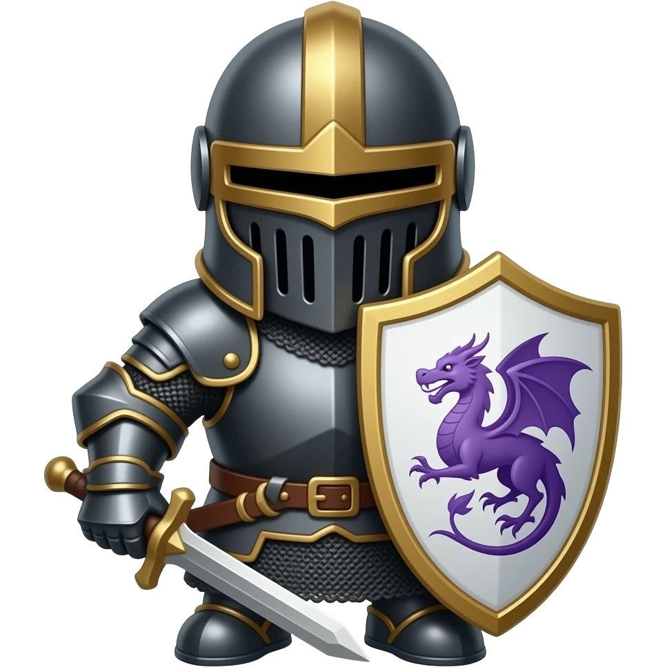 knight wearing black armor with helmet with brass trim, with a white shield with a purple dragon design on it emoji