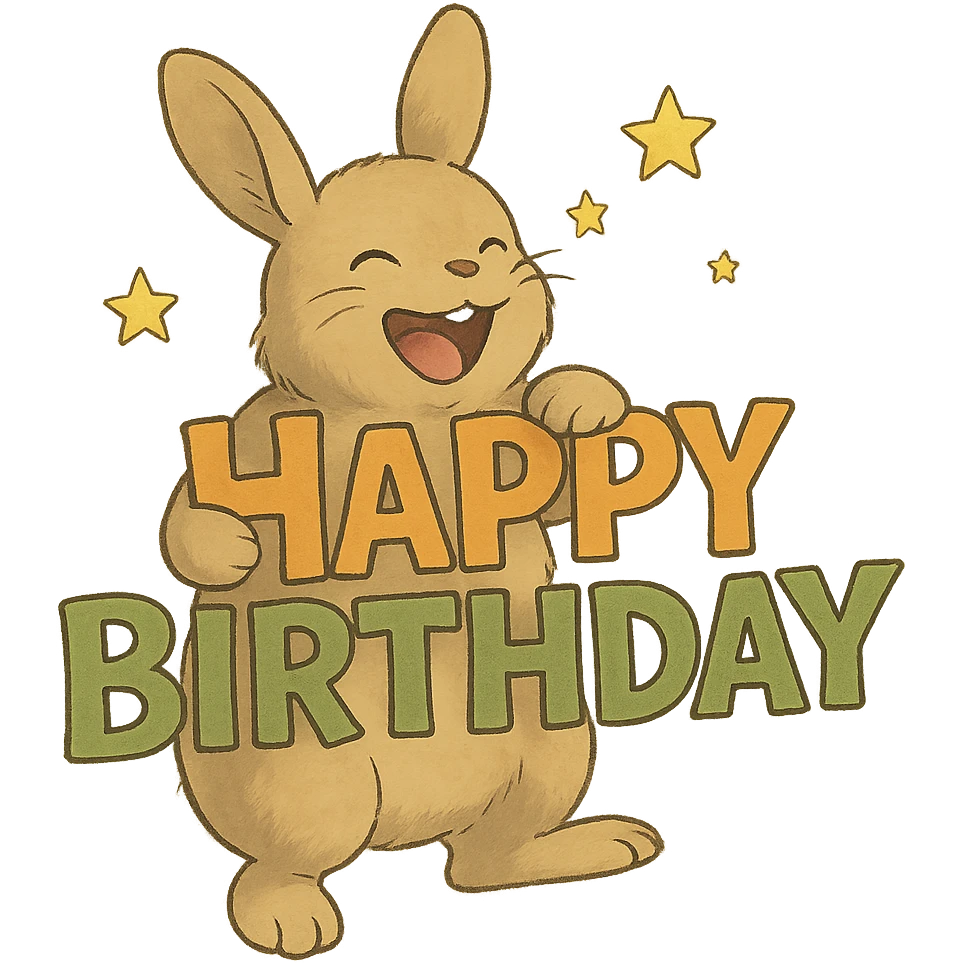full-body laughing bunny hugging "Happy Birthday" letters with stars, soft Ghibli style emoji