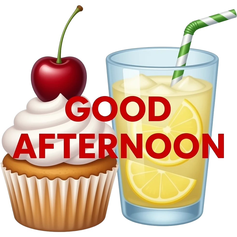 a cherry cupcake and a glass of iced lemonade with a straw in it. The words ‘GOOD AFTERNOON’ in red over it emoji