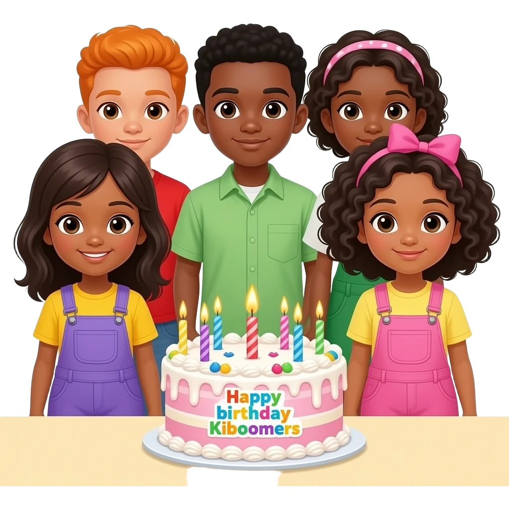 Happy birthday Kiboomers African boy with Red shirt Orange hair girl with yellow shirt and purple overalls Black hair boy with green shirt dot Brown Skin Wavy Hair Girl With White Shirt And Green Overalls And Curly hair girl With Pink bow And Yellow Shirt And Pink overalls and a cake table emoji