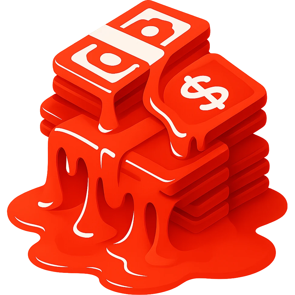 Make the pile of red money melting into lava look more realistic, with detailed textures, realistic lighting, and natural molten effects. Keep the background transparent. emoji