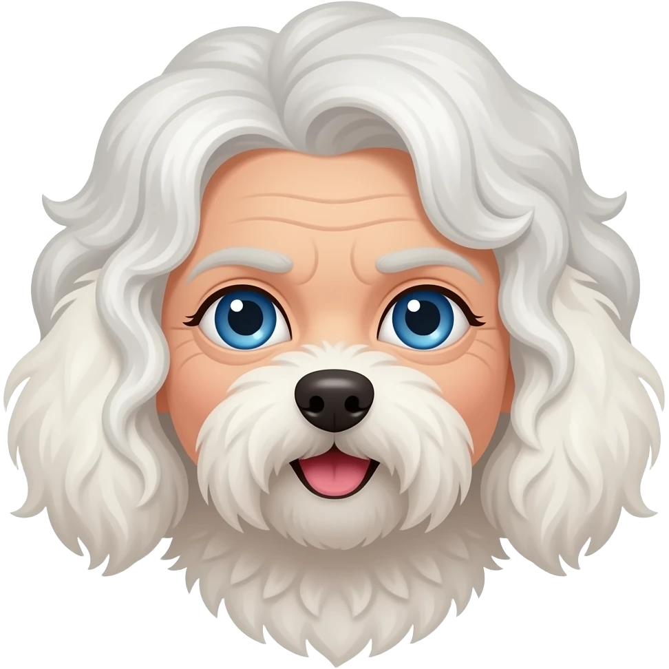 Elderly woman blue eyes very curly hair with maltese dog emoji