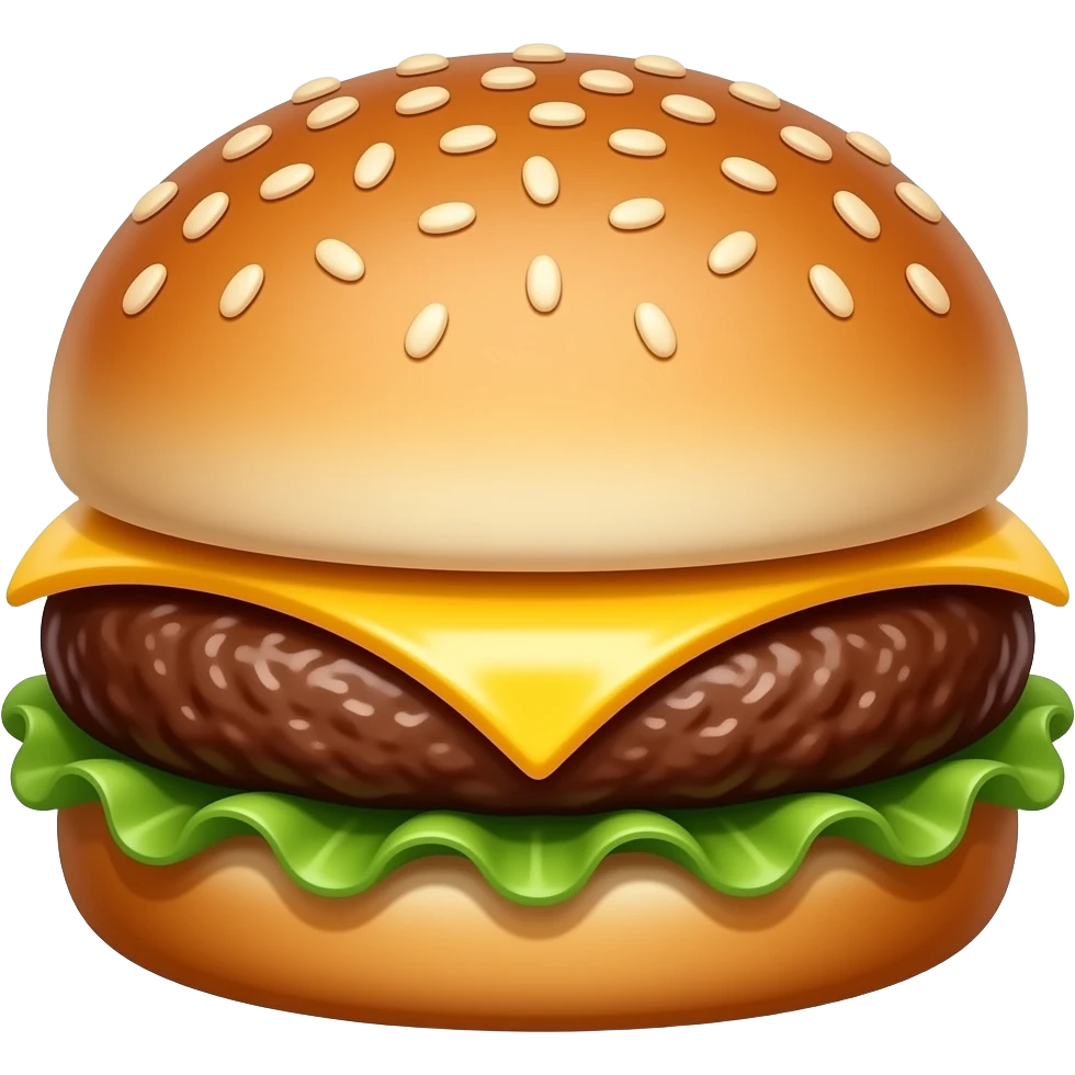 cheddar cheeseburger with only bun, beef patty and melted cheddar, no vegetables, no lettuce, no tomato, premium casual game art, 3D cartoon, front view, no outline, transparent background emoji