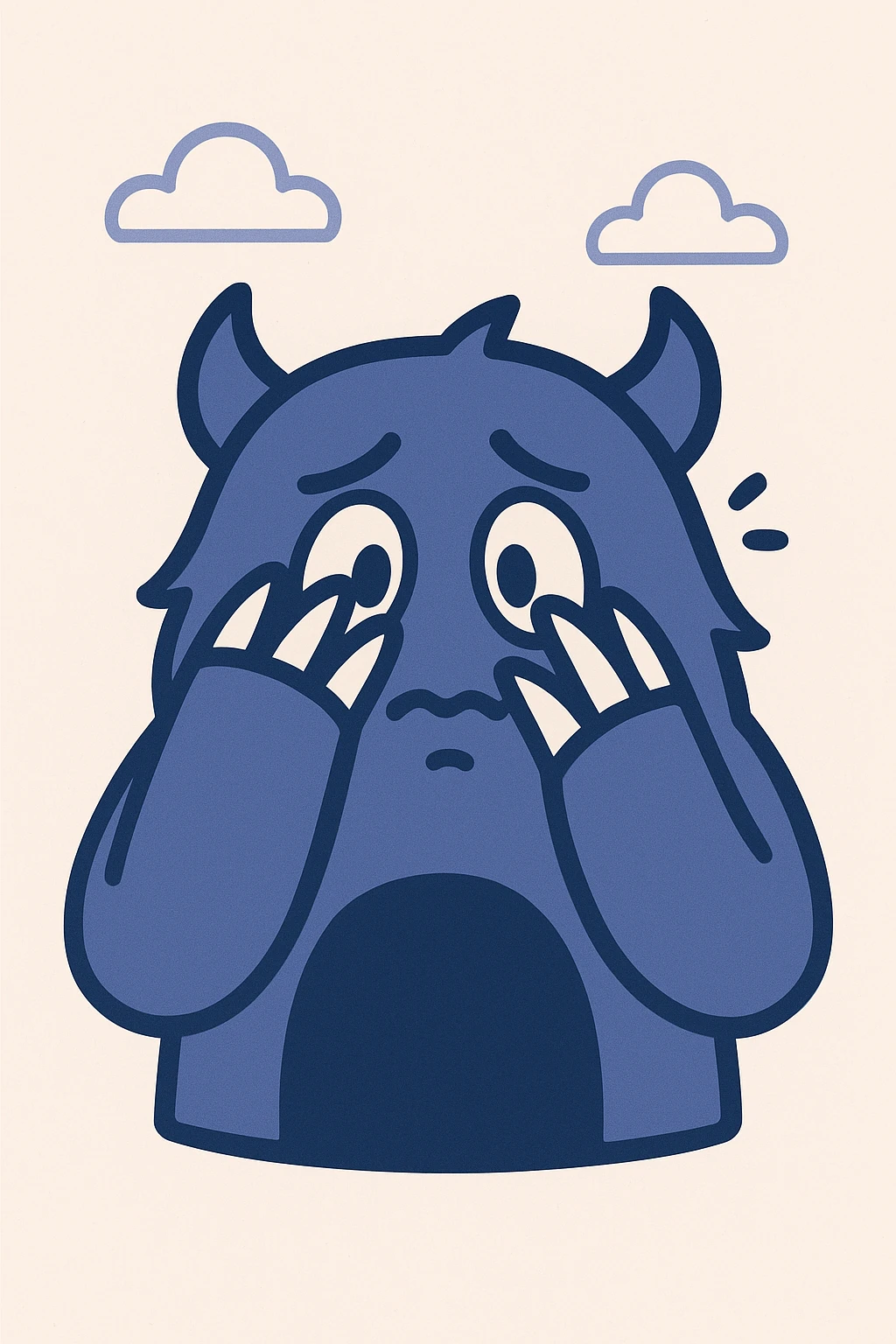 2D bashful monster emoji hiding its face with claws, peeking out with nervous scared eyes, small trembling mouth emoji