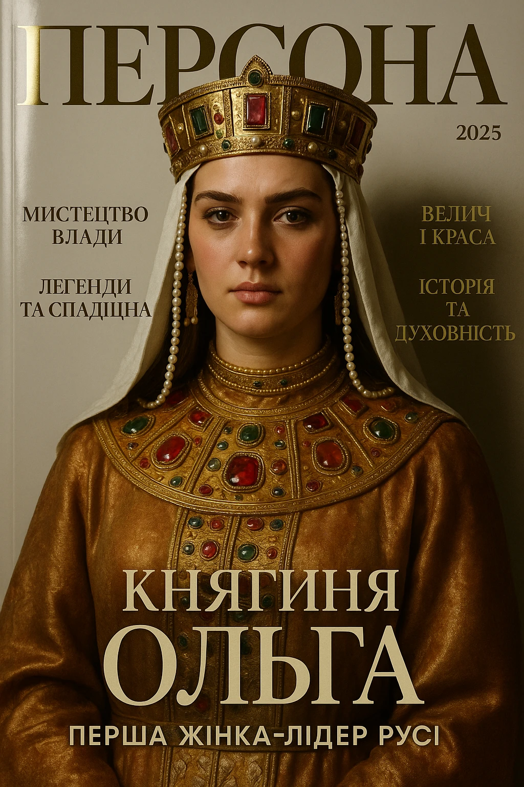 Create a glamorous, ultra-realistic magazine cover titled "Персона"
The cover features Princess Olga from the downloaded image.
The cover design should be bright with elegant typography.
Add the title: "Княгиня Ольга", the subtitle: "Перша жінка-лідер Русі", and the release date: "2025".
Include additional subheadings and a well-thought-out layout.
Premium lighting, dramatic shadows, rich colour correction, glossy paper texture, minimalist background, focus on the character and typography in the spirit of glossy publications. emoji