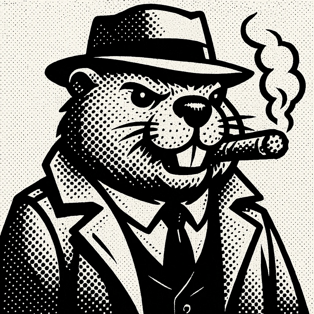 beaver gangster smoking a cigar, wearing a trench coat, tie, and hat, noir-inspired black and white style emoji