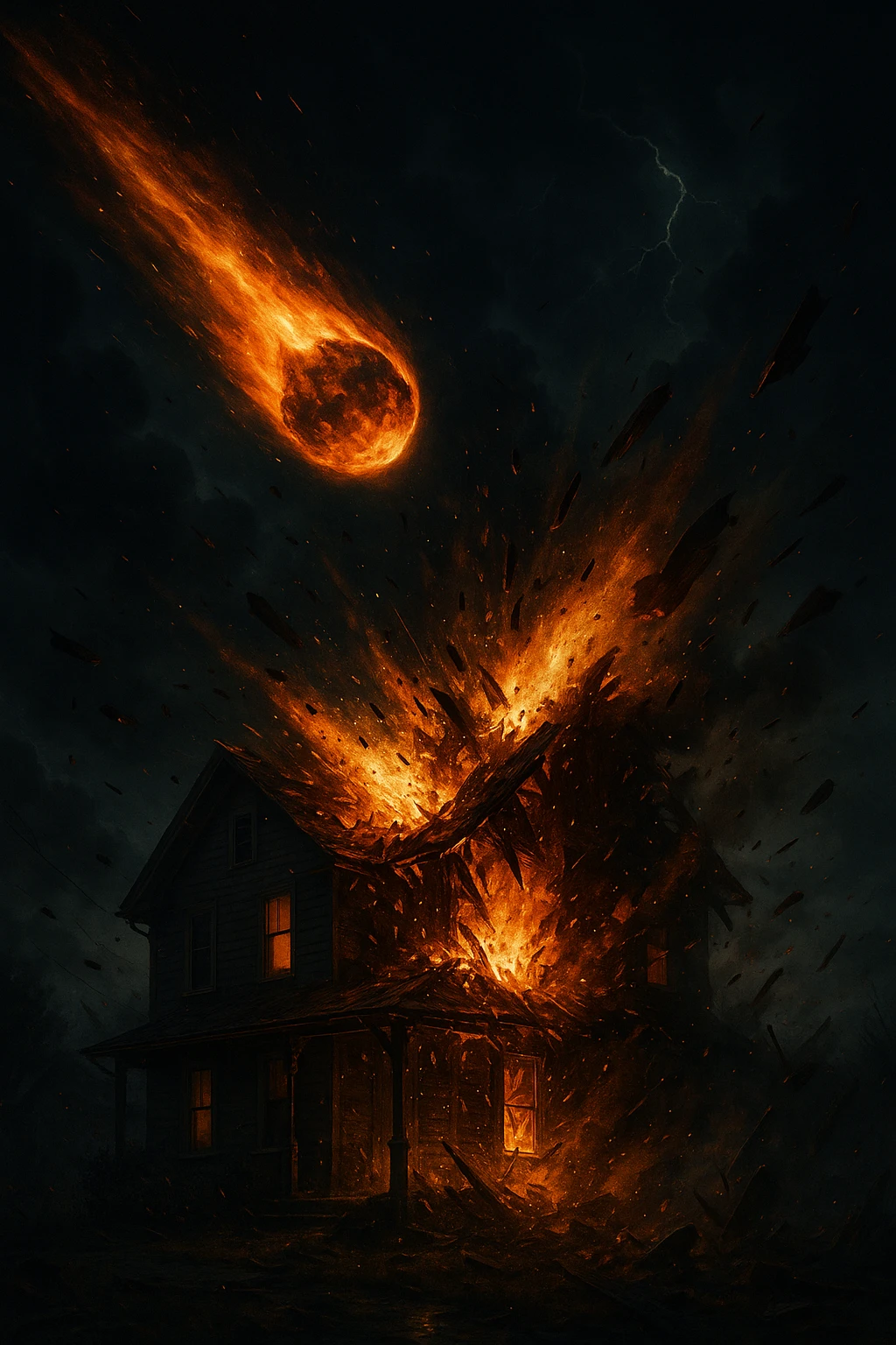 a house hit by a meteor, dramatic style, intense lighting, dynamic composition, cinematic emoji