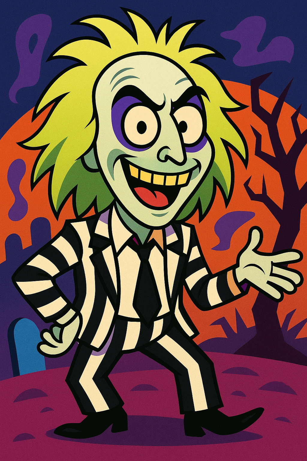 Beetlejuice character, exaggerated features, black and white stripes, spooky but playful, vibrant toon style emoji
