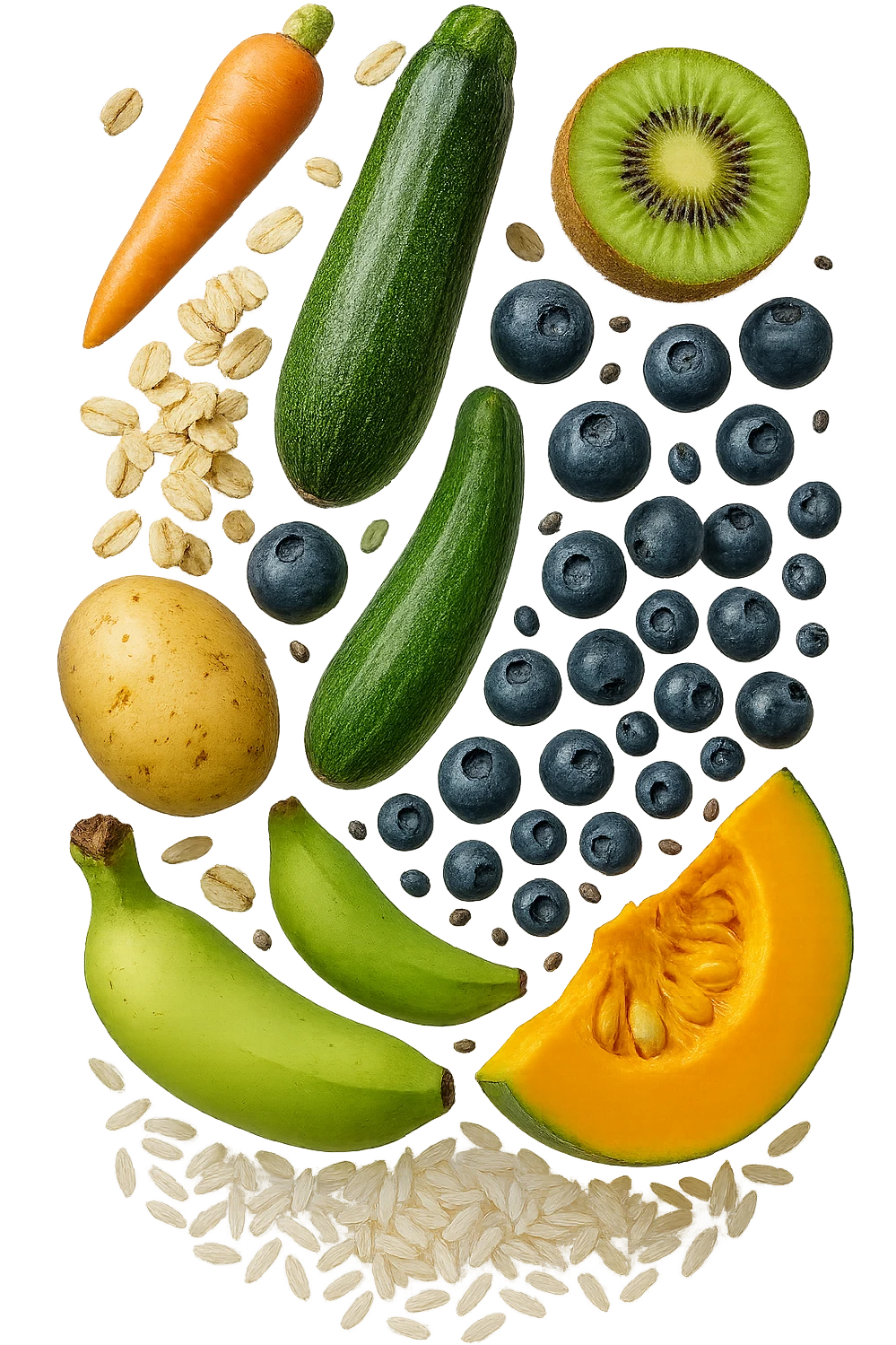 carota, fiocchi di avena, zucchine, kiwi, mirtilli, semi di chia, patate, banane acerbe, zucca, riso fluttuano in aria verticalmente, iperrealistici 4k emoji