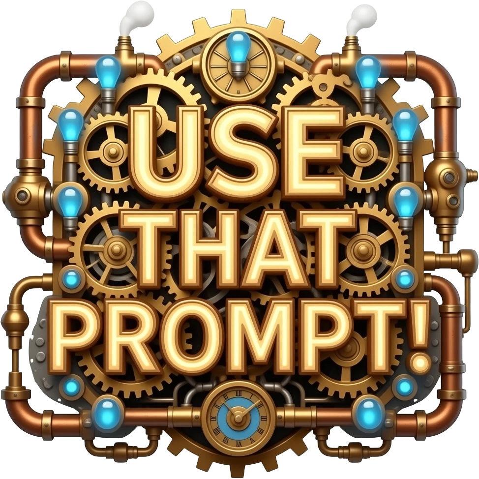 A complex glowing Steampunk text 'USE THAT PROMPT!' constructed from interlocking brass gears, copper pipes, and tiny hissing steam vents. Small glowing blue Edison bulbs attached to the frame, mechanical clockwork style, highly detailed textures emoji