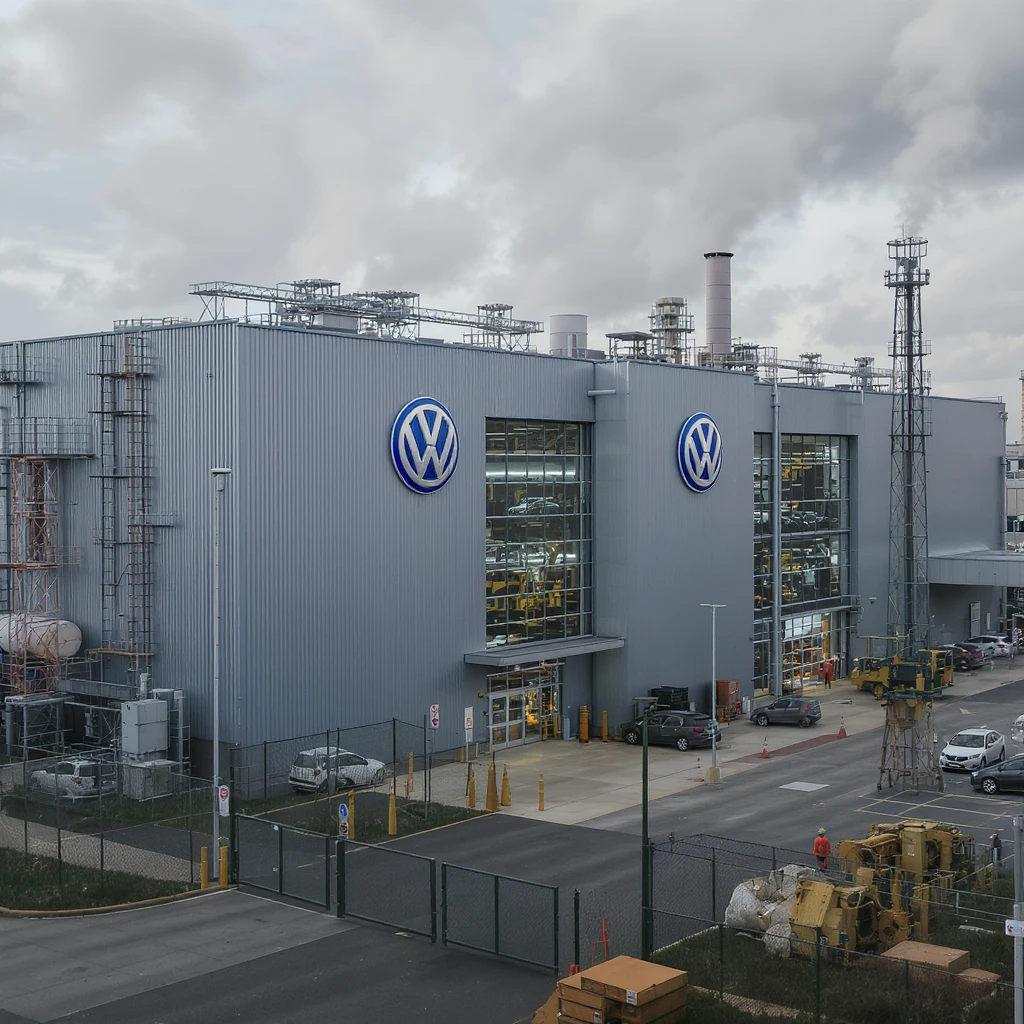Realistic Volkswagen factory exterior, large industrial building with Volkswagen logo, parking lots filled with cars, factory grounds with machinery and equipment, realistic lighting and shadows, industrial atmosphere, workers in uniforms walking around, camouflage colors emoji