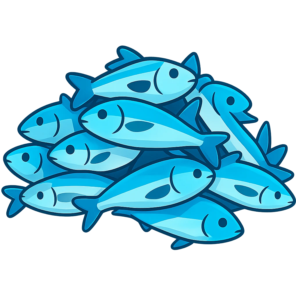 Create a large pile of blue fish in emoji style, variation 3. The image should resemble apple style emojis with concise details and vibrant blue colors, with a distinct variation in arrangement or shading from the previous versions. emoji